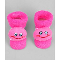Cute Walk by Babyhug Ankle Length Sock Shoes with Stripes & Applique - Dark Pink