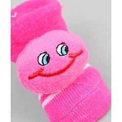 Cute Walk by Babyhug Ankle Length Sock Shoes with Stripes & Applique - Dark Pink