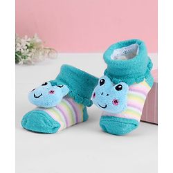 Cute Walk by Babyhug Ankle Length Sock Shoes with Stripes & Frog Applique - Turquoise