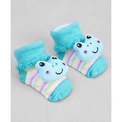 Cute Walk by Babyhug Ankle Length Sock Shoes with Stripes & Frog Applique - Turquoise