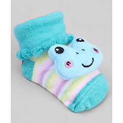 Cute Walk by Babyhug Ankle Length Sock Shoes with Stripes & Frog Applique - Turquoise