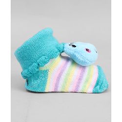 Cute Walk by Babyhug Ankle Length Sock Shoes with Stripes & Frog Applique - Turquoise