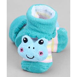 Cute Walk by Babyhug Ankle Length Sock Shoes with Stripes & Frog Applique - Turquoise