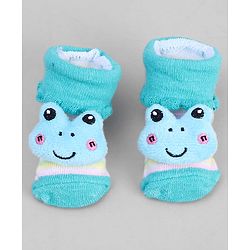 Cute Walk by Babyhug Ankle Length Sock Shoes with Stripes & Frog Applique - Turquoise