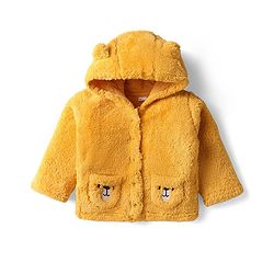 Babyhug Sherpa Fur Knit Full Sleeves Hooded Winter Fur Jacket With Ear Applique - Yellow