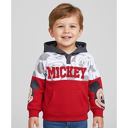 Babyhug Disney Terry Knit  Drop Shoulder Full Sleeves  Hooded Sweatshirt with Mickey Mouse Graphics & Kangaroo Pocket  - Red White & Grey