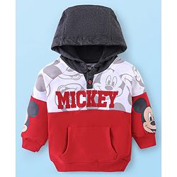 Babyhug Disney Terry Knit  Drop Shoulder Full Sleeves  Hooded Sweatshirt with Mickey Mouse Graphics & Kangaroo Pocket  - Red White & Grey
