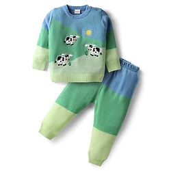 Babyhug Knit Full Sleeves Striped Animal Embroidered Pullover Sweater Set - Multi Colour