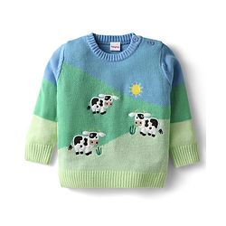 Babyhug Knit Full Sleeves Striped Animal Embroidered Pullover Sweater Set - Multi Colour