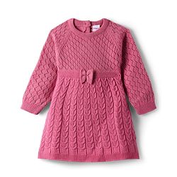Babyhug Sweater Knit Full Raglan Sleeves Knee Length Solid Coloured Woollen Dress With Bow Applique - Pink