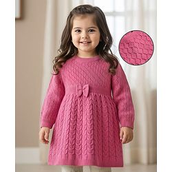Babyhug Sweater Knit Full Raglan Sleeves Knee Length Solid Coloured Woollen Dress With Bow Applique - Pink