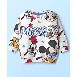 Babyhug DisneyÂ Terry Knit Drop Shoulder Oversized Full Sleeves Sweatshirt With Mickey & Friends Print & Badge Detailing - White