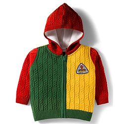 Babyhug Knit Full Sleeves Front Open Hooded Sweater with Color Block Design & Adventure Patch - Red Green & Yellow