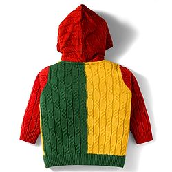 Babyhug Knit Full Sleeves Front Open Hooded Sweater with Color Block Design & Adventure Patch - Red Green & Yellow
