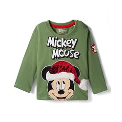 Babyhug Disney Single Jersey Knit Full Sleeves T-Shirt with Mickey Mouse Graphics & Sequin Badge Detailing - Green
