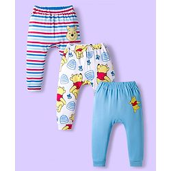 Babyhug Disney Interlock Knit Full Length Diaper Leggings with Winnie the Pooh Graphics & Stripes Pack of 3 - White & Light Blue