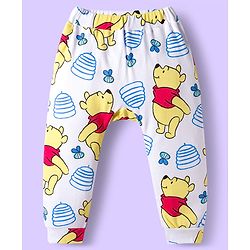 Babyhug Disney Interlock Knit Full Length Diaper Leggings with Winnie the Pooh Graphics & Stripes Pack of 3 - White & Light Blue