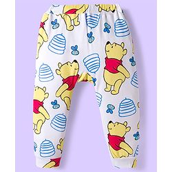 Babyhug Disney Interlock Knit Full Length Diaper Leggings with Winnie the Pooh Graphics & Stripes Pack of 3 - White & Light Blue