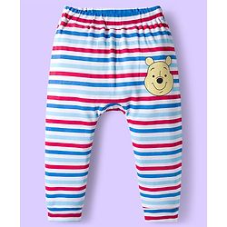 Babyhug Disney Interlock Knit Full Length Diaper Leggings with Winnie the Pooh Graphics & Stripes Pack of 3 - White & Light Blue