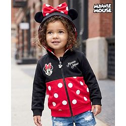 Babyhug Disney Terry Knit Full Sleeves Hooded Sweatjacket With Minnie Mouse Graphics & Bow Applique - Red & Black