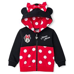 Babyhug Disney Terry Knit Full Sleeves Hooded Sweatjacket With Minnie Mouse Graphics & Bow Applique - Red & Black