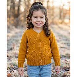 Babyhug Knit Full Sleeves Front Open Sweater with Cable Knit Design - Yellow