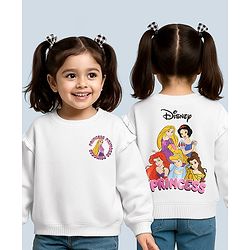 Babyhug Disney 100% Cotton Oversize Drop Shoulder Full Sleeves Sweatshirt With Front & Back Disney Princess Graphics & Frill Detailing - White