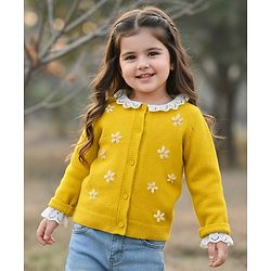 Babyhug Knit Full Sleeves Soft Fuzzy Yarn Front Open Sweater with Floral Embroidery & Schiffli Detailing - Yellow