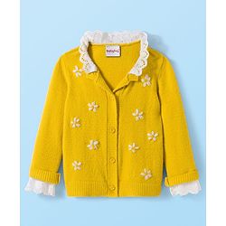 Babyhug Knit Full Sleeves Soft Fuzzy Yarn Front Open Sweater with Floral Embroidery & Schiffli Detailing - Yellow