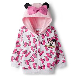 Babyhug Disney Drop Shoulder Oversized Full Sleeves Hooded Sweatjacket With Bow Applique & Minnie Mouse Print - Pink
