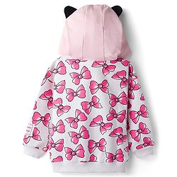 Babyhug Disney Drop Shoulder Oversized Full Sleeves Hooded Sweatjacket With Bow Applique & Minnie Mouse Print - Pink