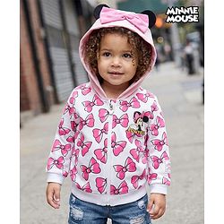 Babyhug Disney Drop Shoulder Oversized Full Sleeves Hooded Sweatjacket With Bow Applique & Minnie Mouse Print - Pink