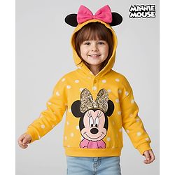 Babyhug Disney Terry Knit Full Sleeves Hooded Sweatshirt With Minnie Mouse Graphics & Bow Applique - Yellow