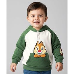 Babyhug Disney Terry Knit Full Raglan Sleeves Hooded Sweatshirt with Chip n Dale Patch Detailing & Kangaroo Pocket - Green & White