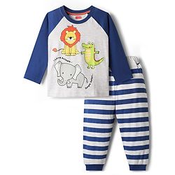 Babyhug Cotton Knit Full Raglan Sleeves Night Suit With Animal Print - Blue