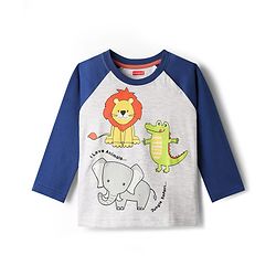 Babyhug Cotton Knit Full Raglan Sleeves Night Suit With Animal Print - Blue