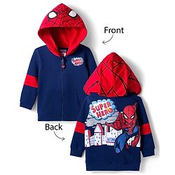Babyhug Marvel Terry Knit Full Sleeves Front Open Hooded Sweatshirt with Cut & Sew Design Kangaroo Pocket & Front & Back Spider-Man Graphics - Navy Blue & Red