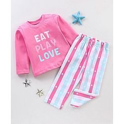 Babyhug Cotton Knit Full Sleeves Night Suit With Text Print - Pink