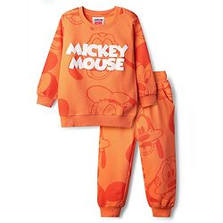 Babyhug Disney 100% Cotton Knit Full Sleeves Sweatshirt & Jogger Set With Mickey Mouse Print - Orange