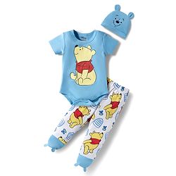 Babyhug Disney Interlock Knit Half Sleeves Onesie Leggings & Cap with Winnie the Pooh Graphic - Light Blue