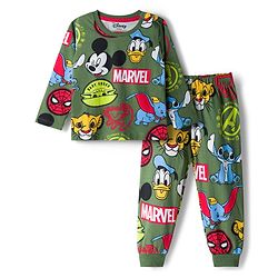 Babyhug Disney Single Jersey Knit Full Sleeves Co-ord Night Suit With Disney Character Print - Olive Green