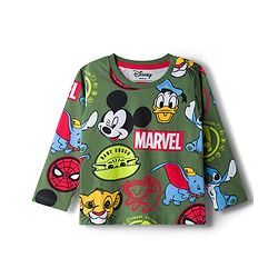 Babyhug Disney Single Jersey Knit Full Sleeves Co-ord Night Suit With Disney Character Print - Olive Green