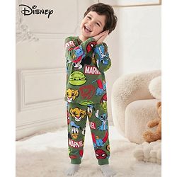 Babyhug Disney Single Jersey Knit Full Sleeves Co-ord Night Suit With Disney Character Print - Olive Green