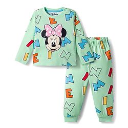 Babyhug Disney Single Jersey Knit Full Sleeves Night Suit With Minnie Mouse Graphics - Light Green