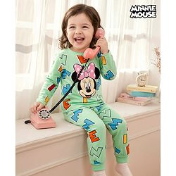Babyhug Disney Single Jersey Knit Full Sleeves Night Suit With Minnie Mouse Graphics - Light Green