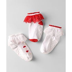 Cute Walk by Babyhug Knit Anti Bacterial Ankle Length Anti Skid Frill Socks Pack of 3 - White & Red