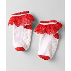 Cute Walk by Babyhug Knit Anti Bacterial Ankle Length Anti Skid Frill Socks Pack of 3 - White & Red