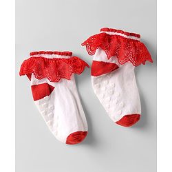 Cute Walk by Babyhug Knit Anti Bacterial Ankle Length Anti Skid Frill Socks Pack of 3 - White & Red