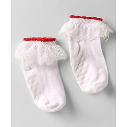 Cute Walk by Babyhug Knit Anti Bacterial Ankle Length Anti Skid Frill Socks Pack of 3 - White & Red