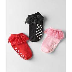 Cute Walk by Babyhug Knit Anti-Bacterial Ankle Length Socks with Frill Design Pack of 3 - Black Red & Pink